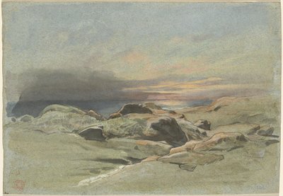Solnedgång från en stenig kustlinje av Jean Achille Benouville