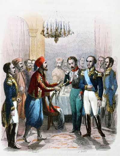 Möte mellan Ibrahim Pacha (1789-1848) och översten Joseph Anthelme Seve (Soliman Pacha, Suleyman Pasha eller Soliman al-Fransawi Pasha). av Jean Adolphe Beauce