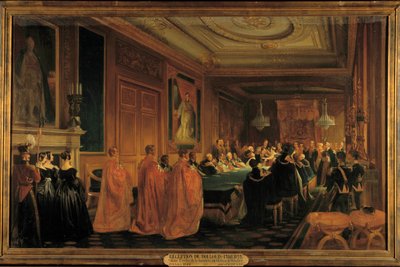 Drottning Victoria (1819-1901) tar emot kung Louis-Philippe 1:a (1773-1850) som riddare i orden av Jarretiere, vid Windsor Castle av Jean Alaux