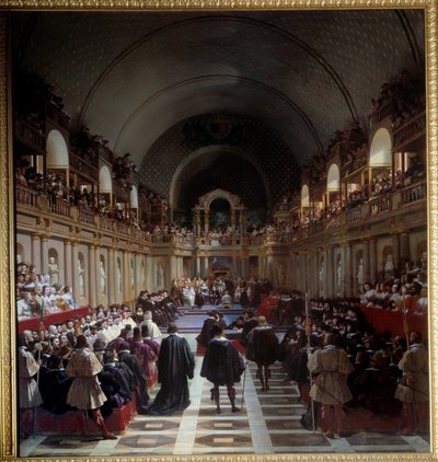Generalstaterna i Paris 27 oktober 1614 Sammankomsten hölls i Louvren, kung Ludvig XIII presiderade över den tillsammans med sin mor Marie de Medicis. Målning av Jean Alaux (1786-1864), dit le Romain av Jean Alaux