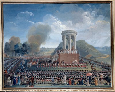 Federationens högtid i Besançon 14/07/1790 Målning av Jean Alexis Cornu (1755-1807) Besançon. Musee Des Beaux Arts - Federationens festival i Besançon den 14 juli 1790. Målning av Jean Alexis Cornu (1755-1807). Beaux-Arts Museum, Besançon, Frankrike av Jean Alexis Cornu