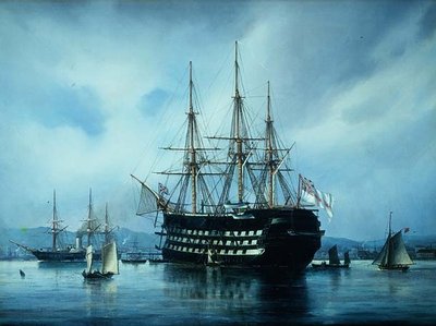 Ett engelskt krigsfartyg för ankar utanför en hamn av Jean Altamura
