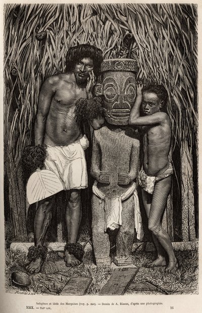 En invånare på ön Hiva-Oa (Hiva Oa) och hans son, som omger en snidad träidol föreställande guden Tiki, i skärgården på Marquesasöarna, graverad efter en teckning av A.Rixens som illustrerar minnena från Stilla havet, i 1872-1874, av av Jean-Andre Rixens