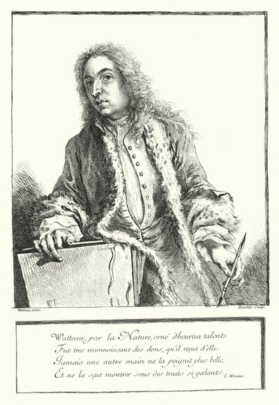 Självporträtt av den franske konstnären Antoine Watteau (gravyr) av Jean Antoine (after) Watteau