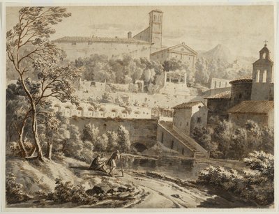 En konstnär som skissar längs en flodstrand, nedanför en italiensk stad, ca 1780 (bläck & tvätt på papper, spår av svart krita) av Jean Antoine Constantin