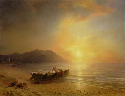 Ett kustlandskap med arabiska fiskare som sjösätter en båt vid solnedgången av Jean Antoine Theodore Gudin