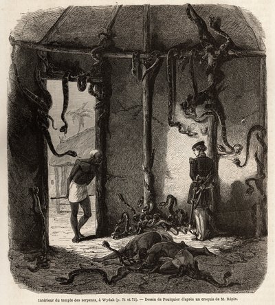 Inuti fetischormarnas tempel, i Wydah, i Dahomey (nuvarande Benin), teckning av Jean Antoine Foulquier (1822-1896), för att illustrera Dr Repins resa till Dahomey 1860. Gravyr i "" Le tour du monde" ”, redigerad av Edouard Charton av Jean Antoine Valentin Foulquier