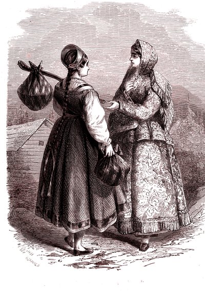 Ryssland. Kvinnor från bergen Valdaiy. 1865 (gravyr) av Jean Antoine Valentin Foulquier