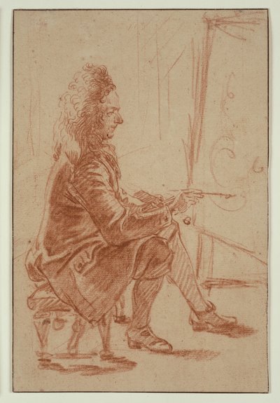 En målare (möjligen Claude Audran), sittande vid sin staffli, sedd i profil av Jean-Antoine Watteau