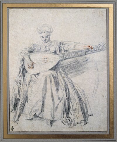 En lutspelare som ritar en blymina och blod av Jean Antoine Watteau (1684-1721) Chantilly-museet Conde från 1700-talet av Jean Antoine Watteau