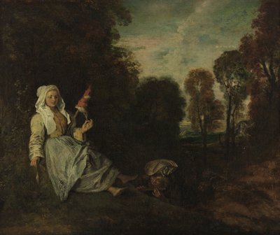Abendlandschaft mit Spinnerin von Jean-Antoine Watteau