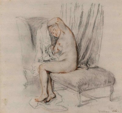 Naken kvinna tar bort sin kemi, ca 1717. av Jean Antoine Watteau