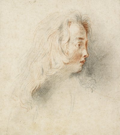 Huvudet av en pojke i profil (svart & röd krita på fläckigt off-white papper) av Jean Antoine Watteau