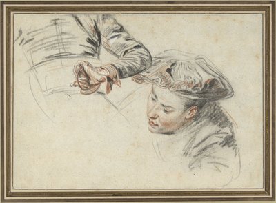 Männerkopf mit Barett und einer Hand an einem Griff von Jean-Antoine Watteau
