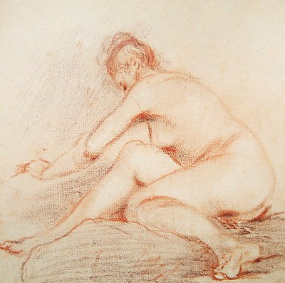 Naken kvinna (kol & röd krita på papper) av Jean Antoine Watteau