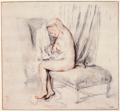 Naken kvinna som sitter på en schäslong och tar på sig skjortan, 1700-tal. av Jean Antoine Watteau