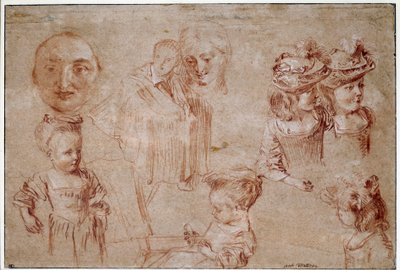 Pierrots mask, fem flickor i byst, en mandrapering och en kvinnas ansikte. Att rita en blod och krita häckar av Jean Antoine Watteau (1684-1721) 1700-talets sön. 0,27x0,4 m Paris, Louvren av Jean Antoine Watteau