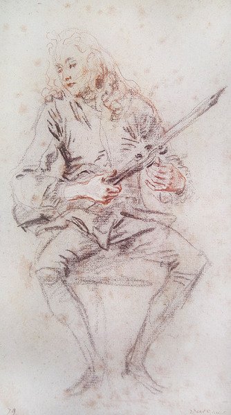 Sittande violinist som vänder sitt instrument; av Jean Antoine Watteau