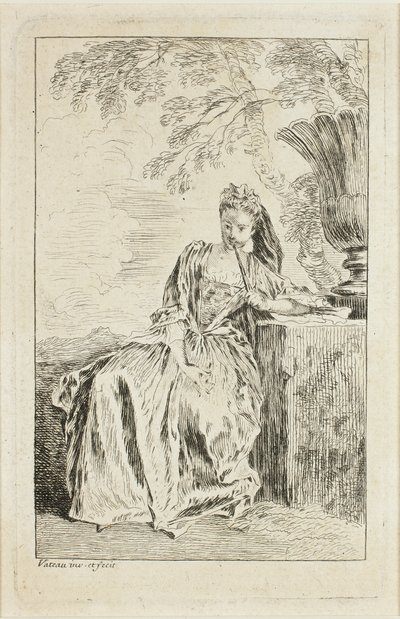 Sitzende Frau, die sich auf ein Podest lehnt von Jean-Antoine Watteau