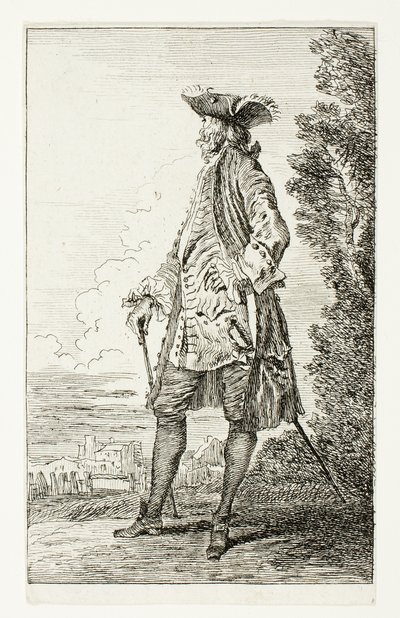 Stehender Mann mit Hut, nach links gewandt, aus Figures de Modes von Jean-Antoine Watteau