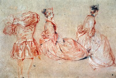 Studie eines Flötenspielers und zwei Frauen von Jean Antoine Watteau