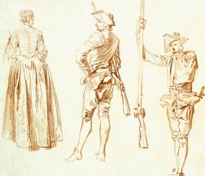 Studie einer jungen Frau und zwei Jäger, ca. 1712-13 von Jean Antoine Watteau