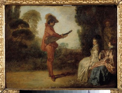 The Enchanting En ung musiker som förför två unga kvinnor med sin musik. Målning av Jean Antoine Watteau (1684-1721) av Jean Antoine Watteau