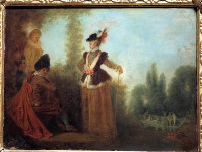 Äventyraren En snygg ung kvinna i resekläder. Målning av Jean Antoine Watteau (1684-1721) Troyes musee des Beaux Arts från 1700-talet av Jean Antoine Watteau