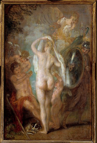 Paris domen Herden Paris måste välja vem han ska ge det gyllene äpplet för att designa den vackraste av de tre gudinnorna, Athena, Afrodite eller Hera. Målning av Jean Antoine Watteau (1684-1721) Sön. 0,47x0,31 m av Jean Antoine Watteau
