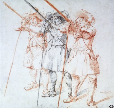 Drei Arkebusiere, 1712 von Jean Antoine Watteau