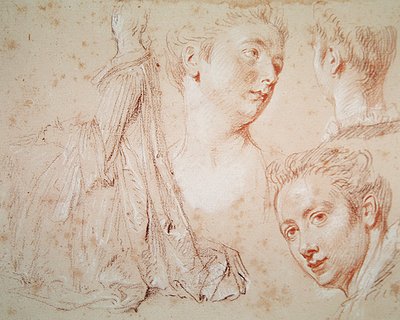 Tre huvuden och en sittande kvinna, ca 1716 (krita med svart och röd krita på papper) av Jean Antoine Watteau