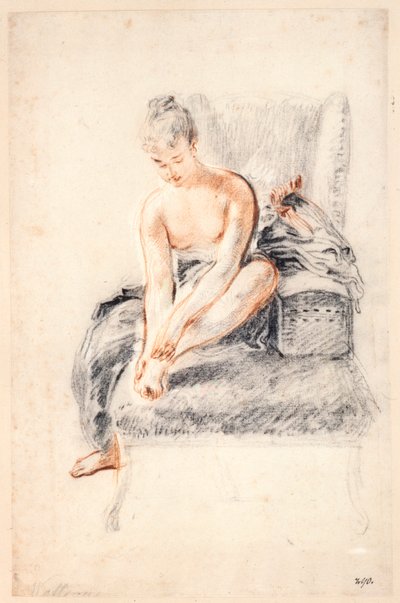 Ung kvinna, naken, med en fot i sina händer, 1716-18. av Jean Antoine Watteau