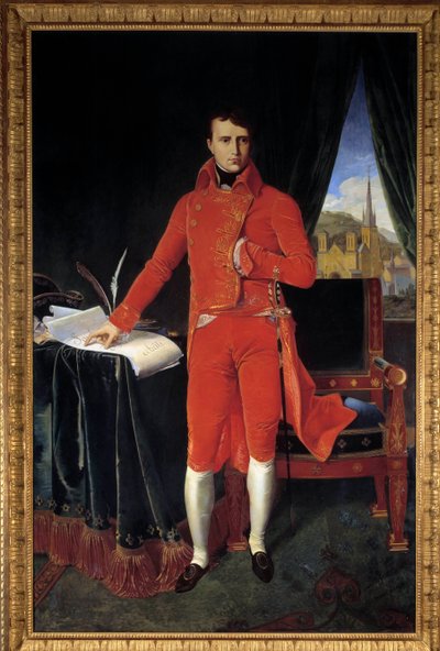 Hellängdsporträtt av Napoleon Bonaparte (1769-1821) som förste konsul Målning av Joseph Pel efter Jean-Auguste-Dominique Ingres (Jean Auguste Dominique) (1780-1867) 1929 Sön. 1,2x2,2m. Malmaison, Slottsmuseet OBS! Användning av detta arbete kan vara föremå av Jean Auguste Dominique (after) Ingres