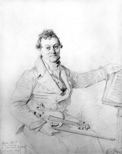 Jean Auguste Dominique Ingres med sin fiol. teckning av Jean Auguste Dominique Ingres