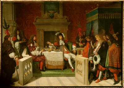 Ludvig XIV och Moliere: Kung Ludvig XIV (1638-1715) och Jean Baptiste Poquelin dit Moliere (1622-1673) vid bordet framför hovmännen. Målning av Jean Auguste Dominique Ingres (1780-1867) av Jean Auguste Dominique Ingres