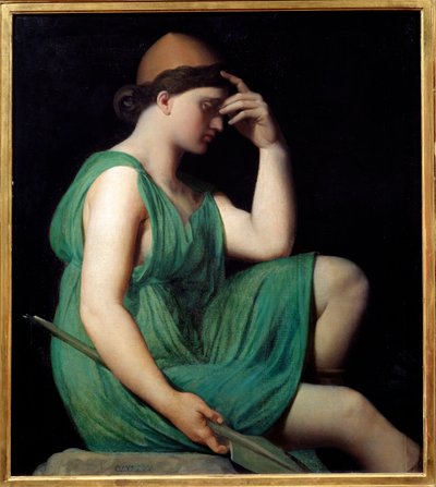 Odyssee. Studie för "Apotheos of Homere"" Allegori som en kvinna i en tunika som sitter i profil och reflekterar ena handen framför hennes ansikte och ett spjut i den andra. Målning av Jean Auguste Dominique Ingres (1780-1867) av Jean Auguste Dominique Ingres