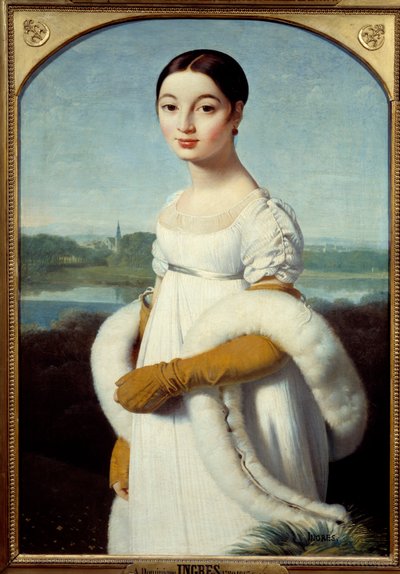 Porträtt av fröken Caroline Riviere, den unga kvinnan, är klädd i det första imperiets mode. Målning av Jean Auguste Dominique Ingres (1780-1867) 1805 Sön. 1x0,7 m - Porträtt av Mademoiselle Caroline Riviere: Den unga kvinnan är klädd i mode av Jean Auguste Dominique Ingres