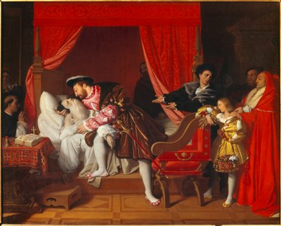 Kungen av Frankrike Francois I (1492-1547) tar emot Leonard de Vincis sista suckar vid clos Luce av Jean Auguste Dominique Ingres