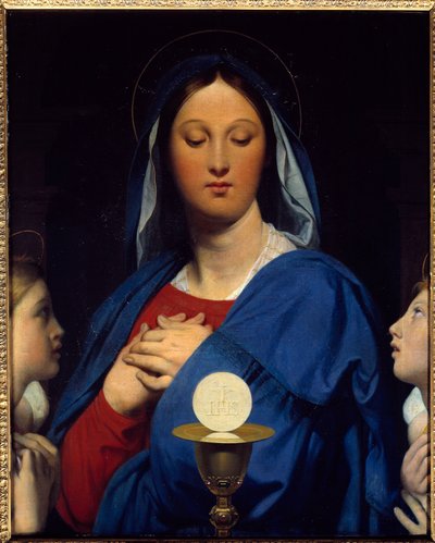 Jungfrun har värden. Symboler för gemenskap: Nattvardens föremål (värden som Kristi kropp och kalkens vin som hans blod). Målning av Jean Auguste Dominique Ingres (1780-1867) av Jean Auguste Dominique Ingres