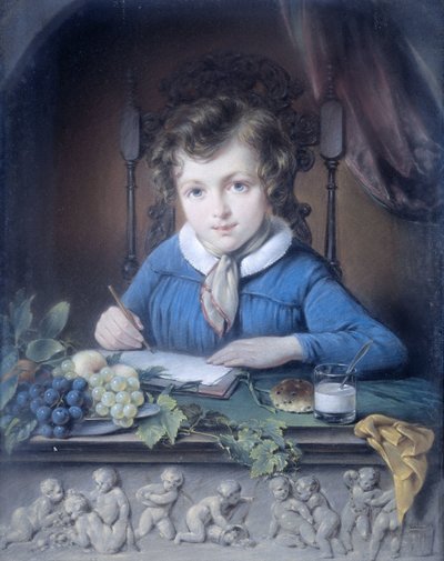 Porträtt av en pojke som sitter i en fönsternisch och bär en blå jacka av Jean Augustin Daiwaille (attributed to)