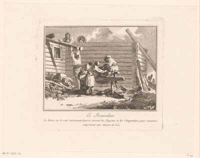 Figurer vid en saxpulka framför ett trähus under uppbyggnad Le Remouleur (titel på objekt) av Jean Baptist Leprince