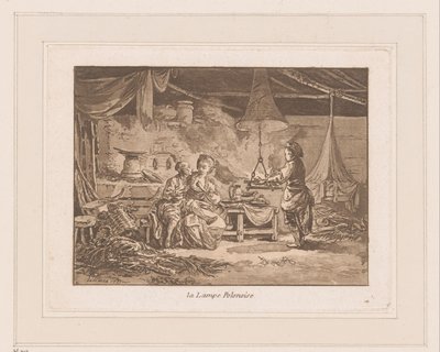 Interiör i en lada med två figurer på en bänk och en man vid en eld La Lampe Polonoise (titel på objekt) av Jean Baptist Leprince