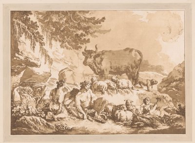Vilande satyrer mellan får och en ko i ett landskap av Jean Baptist Leprince