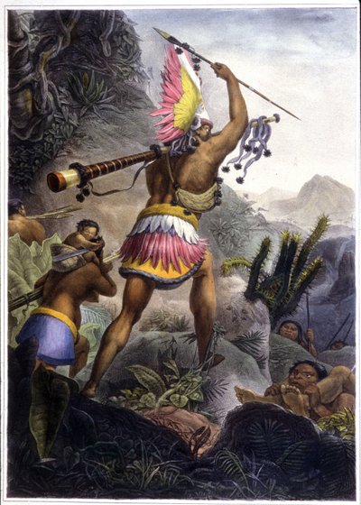 En Coroado-indian som ger signalen för pensionering, 1839 (litho i färg) av Jean Baptiste (after) Debret