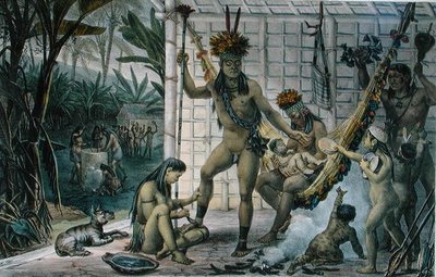 Familj till en indianhövding från Camacan som förbereder sig för en festival, illustration från "Voyage Pittoresque et Historique au Bresil", av Jean-Baptise Debret (1768-1848), publicerad i Paris av Jean Baptiste (after) Debret