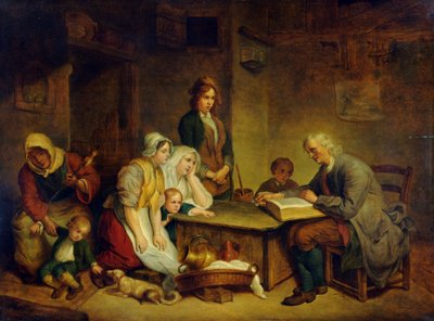 En far läser bibeln för sin familj av Jean Baptiste (after) Greuze