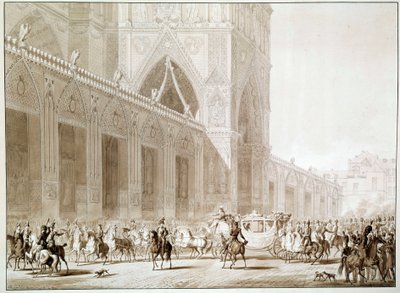 Kejsar Napoleon I (1769-1821) och imponerande Josephine de Beauharnais (1763-1814) i vagn till katedralen Notre Dame de Paris på dagen för det heliga trycket efter "The Book of the Sacred" av Jean Baptiste Isabey ( 1767-1855) 1800-talet av Jean Baptiste (after) Isabey