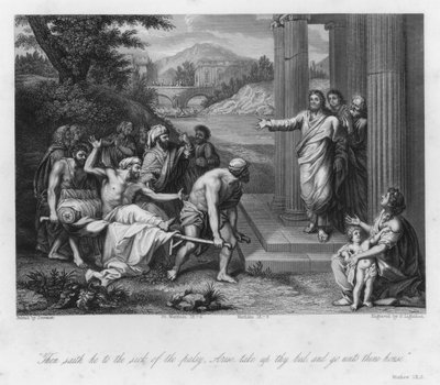 The Palsied Man cured, Matteus IX, 6 (gravyr) av Jean Baptiste (after) Jouvenet