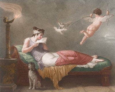 Cupid levererar ett kärleksbrev. 1800-talet (tryck) av Jean Baptiste (after) Mallet