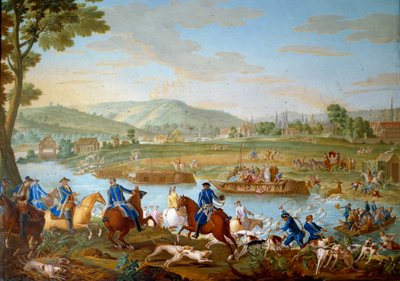 Plåt som representerar Ludvig XVI:s jakter: rådjuren passerar Oise från Royallieus kust i sikte av staden Compiegne. Målning på mjukt porslin av Nicolas Pierre Pithou l